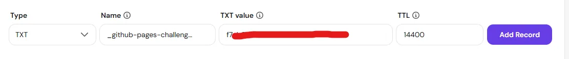 Screenshot showing the entry of data for a DNS TXT record