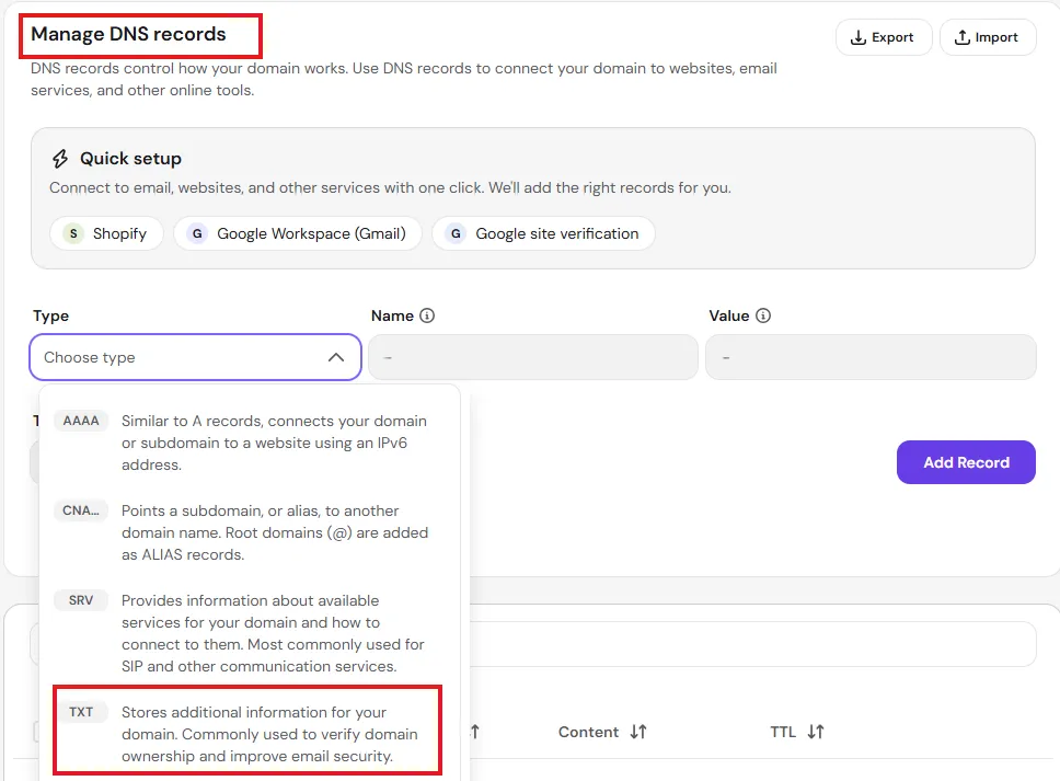 Screenshot showing domain provider settings for DNS records