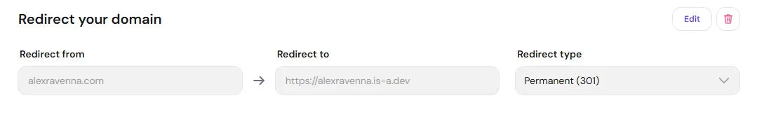 Screenshot showing the permanent domain redirect configuration from alexravenna.com to https://alexravenna.is-a.dev