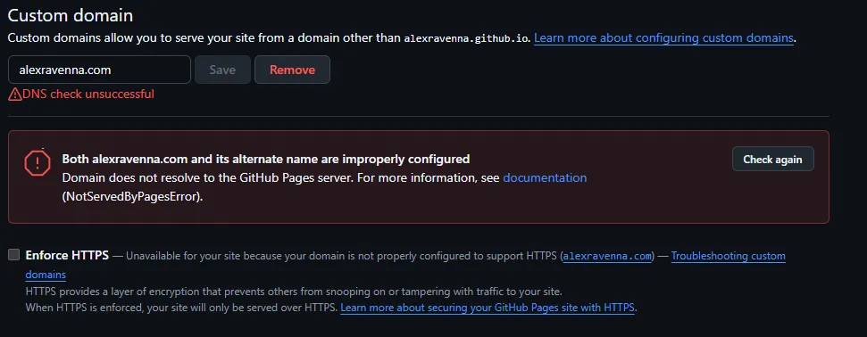 Screenshot showing the GitHub Pages domain configuration showing "DNS check unsuccessful"