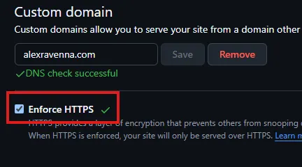 Screenshot showing a GitHub Pages settings with "Enforce HTTPS" activated