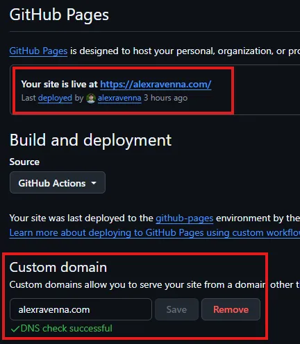 Screenshot showing the GitHub Pages domain configuration for alexravenna.is-a.dev