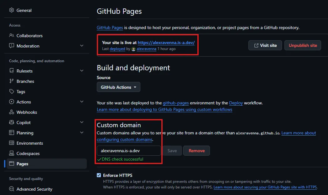 Screenshot showing the GitHub Pages domain configuration for alexravenna.is-a.dev