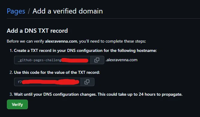 Screenshot showing steps for adding a DNS TXT record