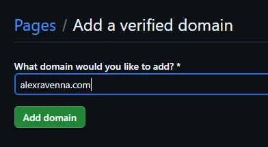Screenshot showing adding "alexravenna.com" as a verified domain