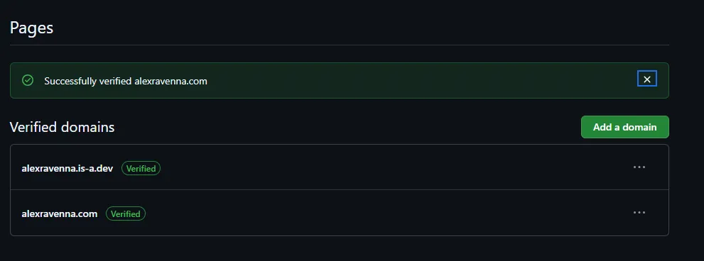 Screenshot showing that alexravenna.com was successfully verified