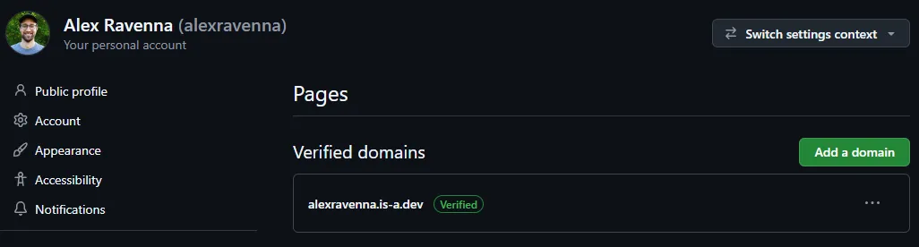 Screenshot showing the GitHub user account settings page for GitHub Pages