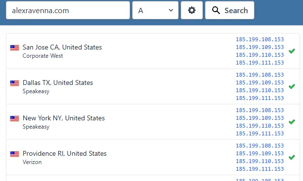 Screenshot showing uniform whatsmydns.net results